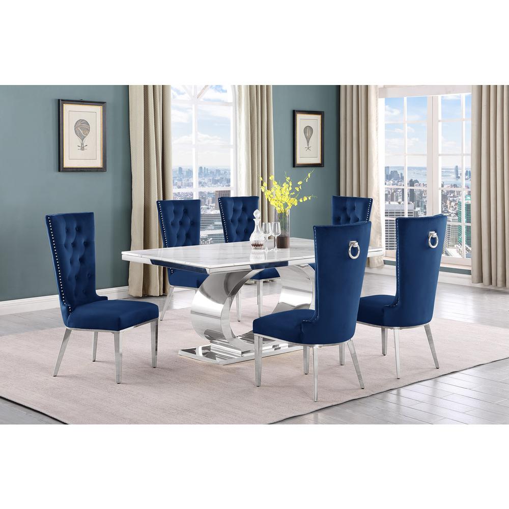 7pc Small(68″) marble top dining set with silver base and 6 Navy blue chairs