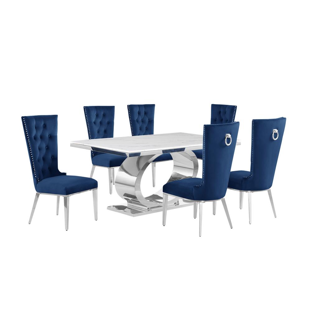 7pc Small(68″) marble top dining set with silver base and 6 Navy blue chairs