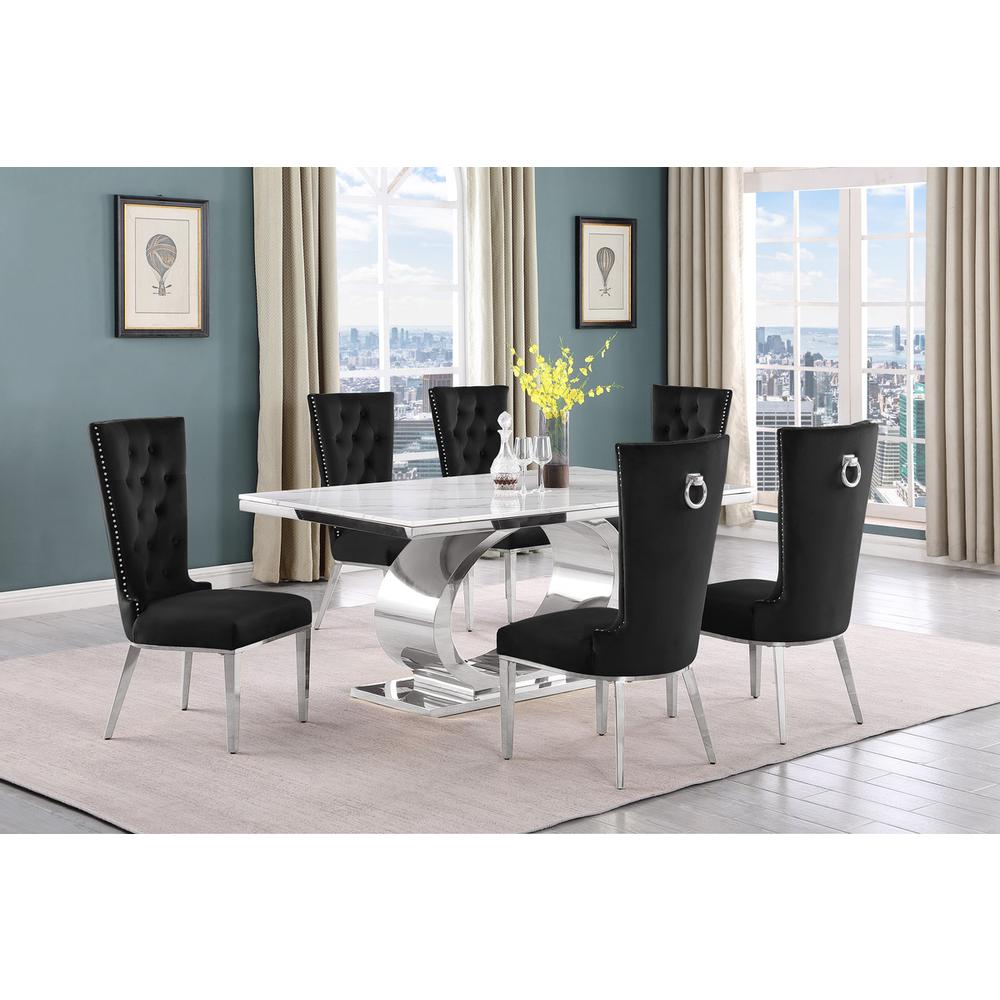 7pc Small(68″) marble top dining set with silver base and 6 Black side chairs