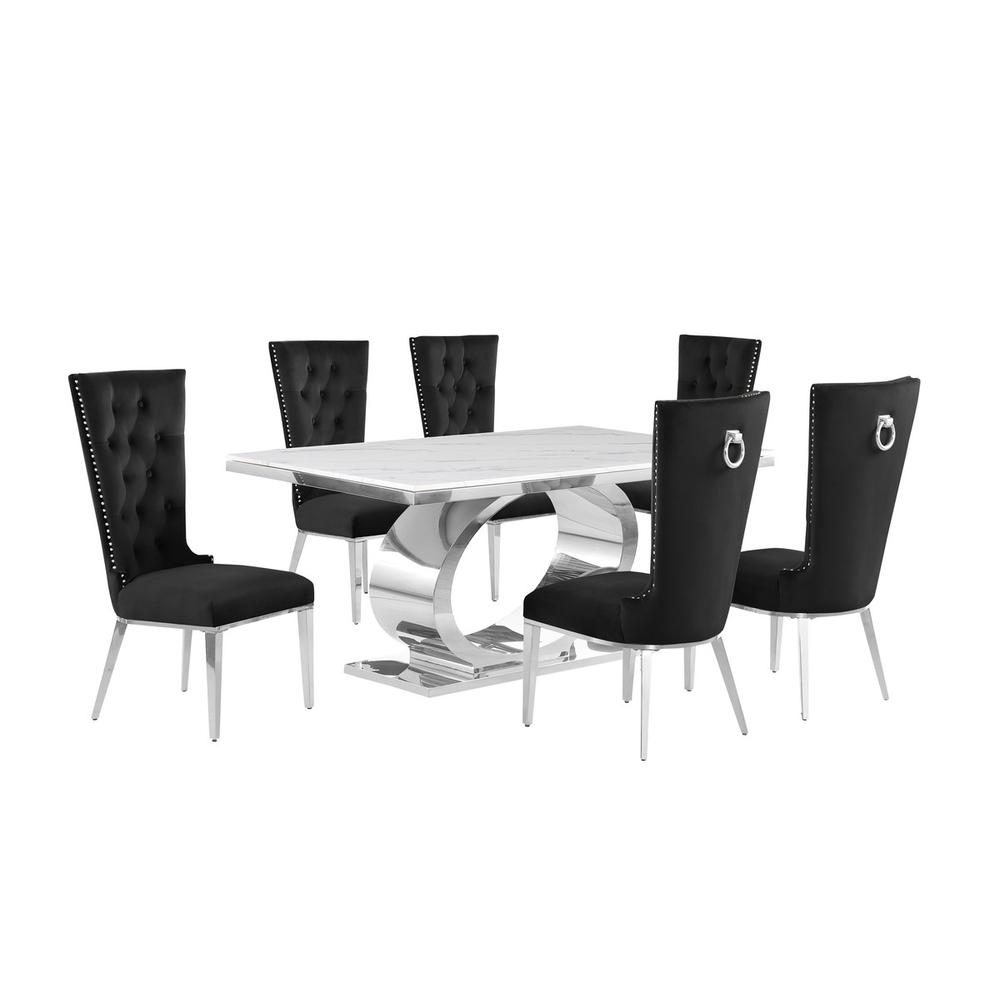 7pc Small(68″) marble top dining set with silver base and 6 Black side chairs