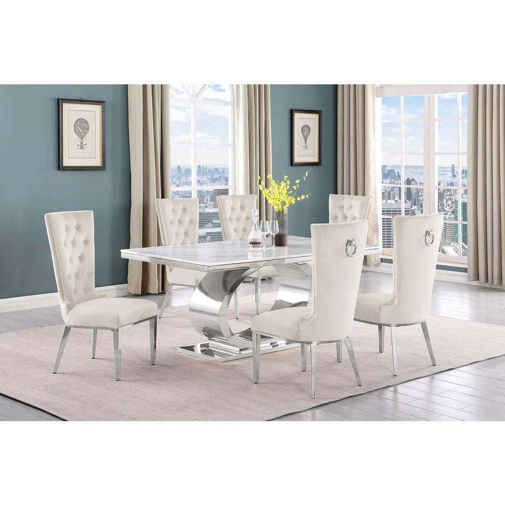 7pc Small(68″) marble top dining set with silver base and 6 Cream side chairs