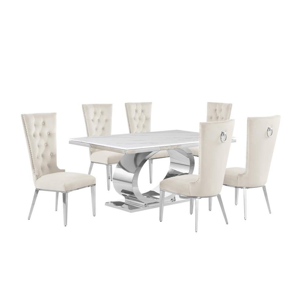 7pc Small(68″) marble top dining set with silver base and 6 Cream side chairs