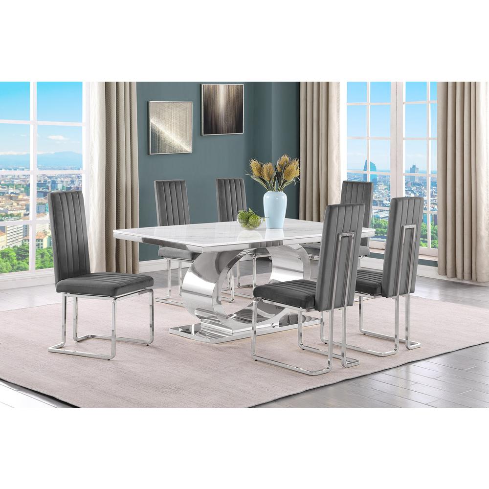 7pc Small(68″) marble top dining set with silver base and 6 Dark grey chairs