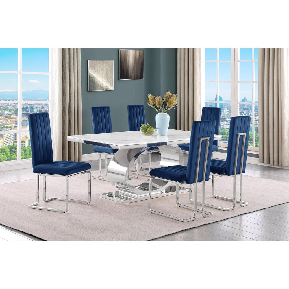 7pc Small(68″) marble top dining set with silver base and 6 Navy blue chairs