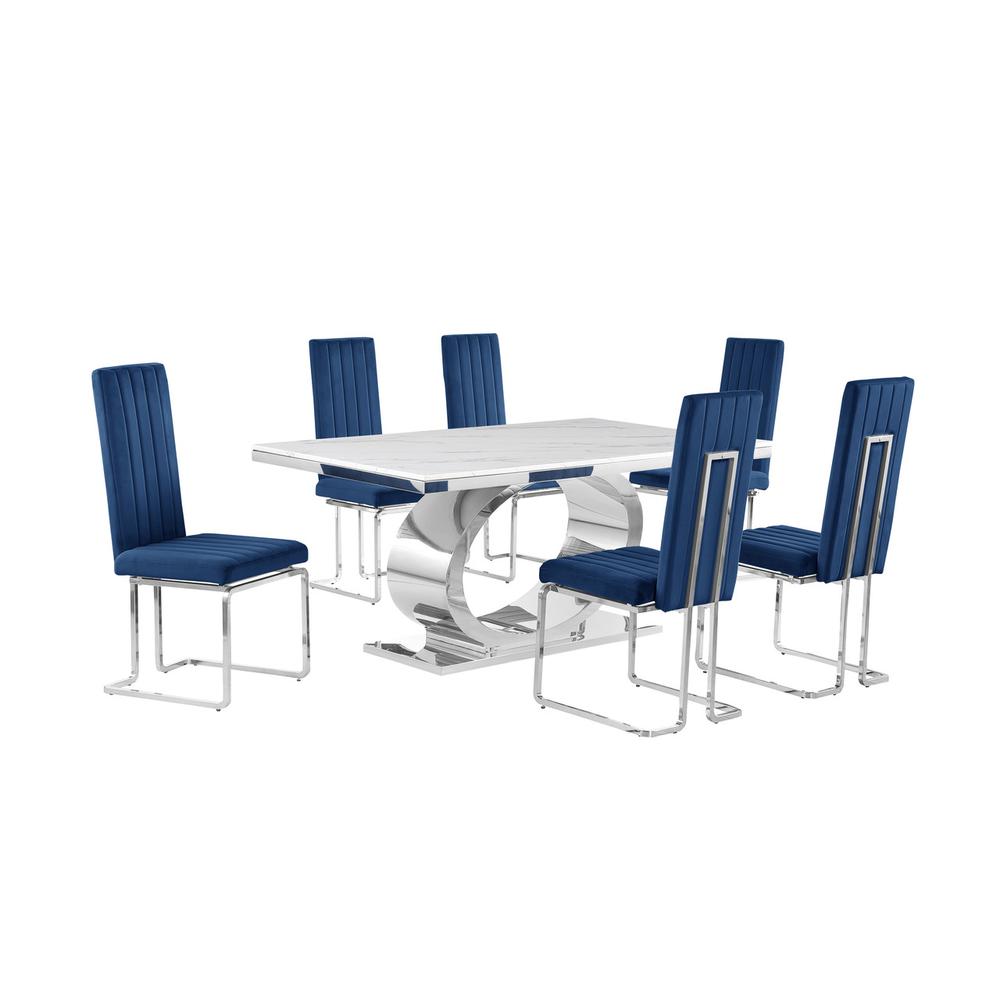 7pc Small(68″) marble top dining set with silver base and 6 Navy blue chairs