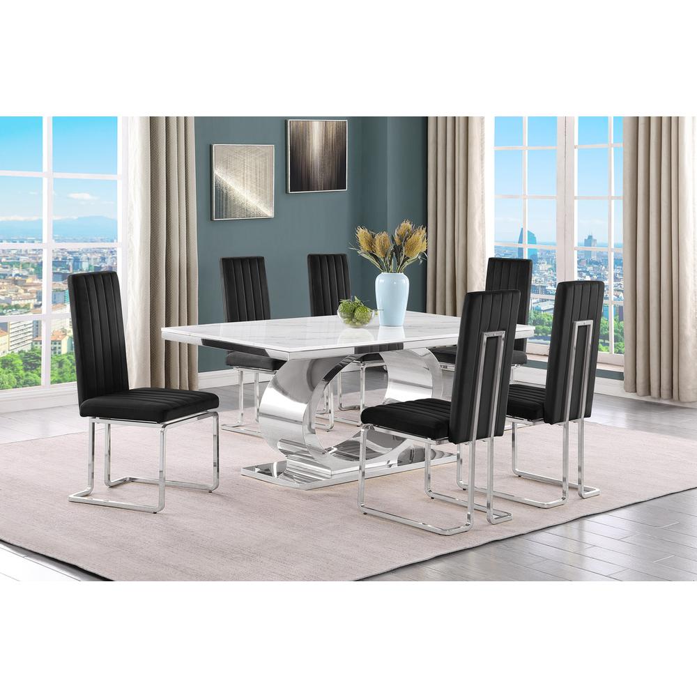7pc Small(68″) marble top dining set with silver base and 6 Black side chairs