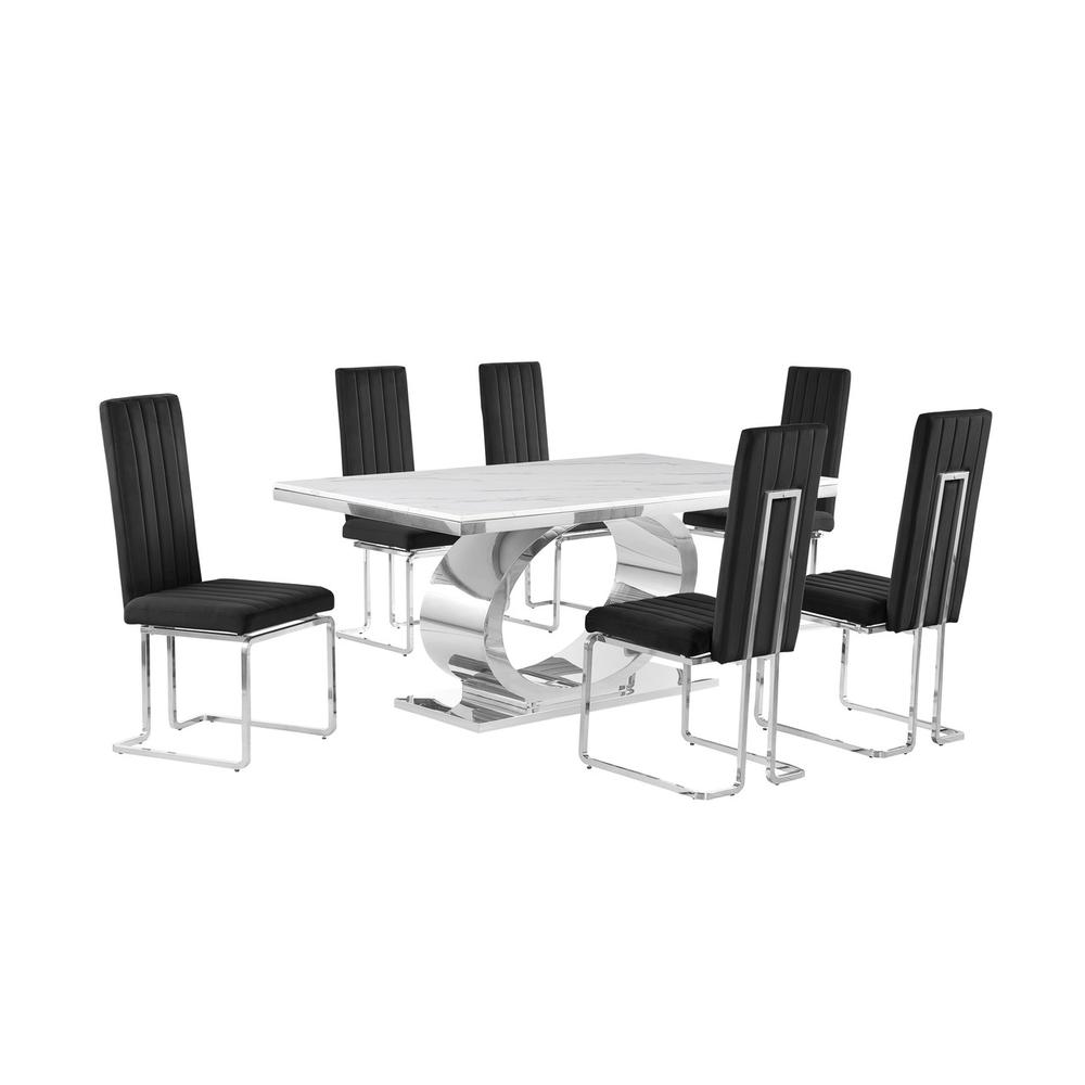 7pc Small(68″) marble top dining set with silver base and 6 Black side chairs