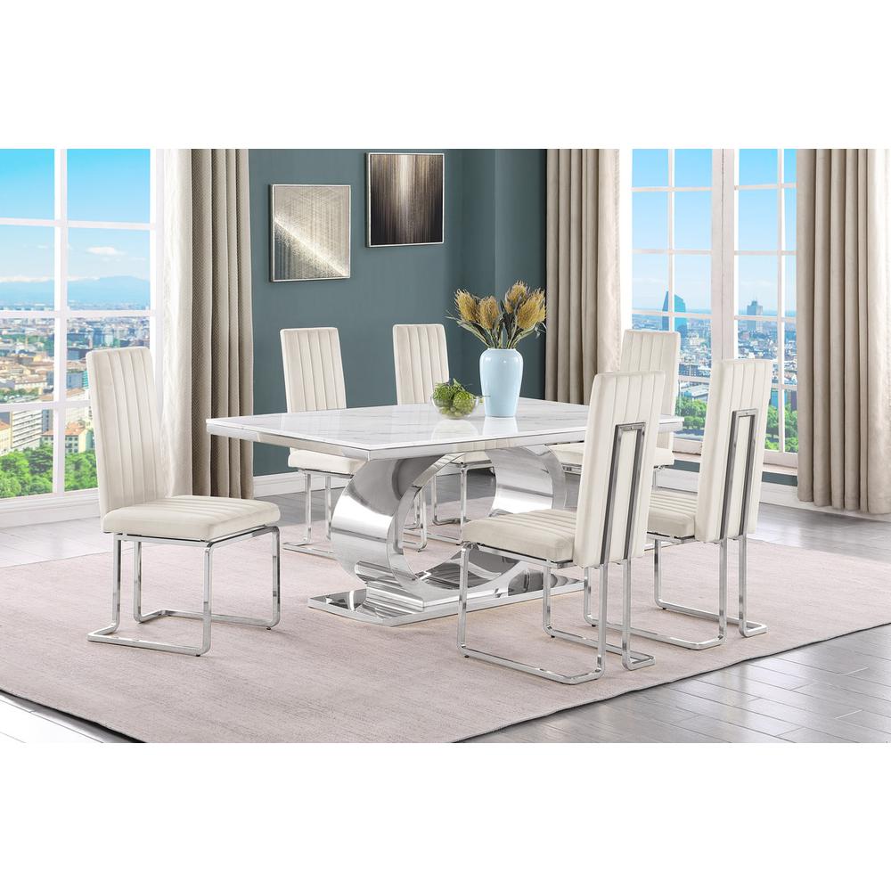 7pc Small(68″) marble top dining set with silver base and 6 Cream side chairs