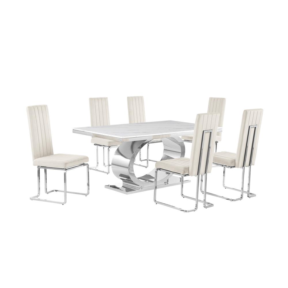 7pc Small(68″) marble top dining set with silver base and 6 Cream side chairs