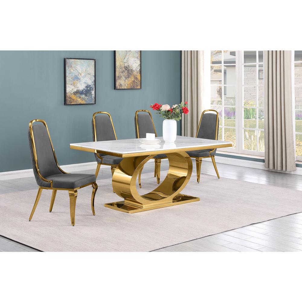 5pc Small(68″) marble top dining set with gold base and 4 Dark grey side chairs