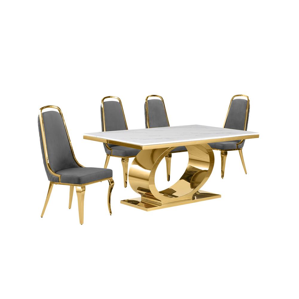 5pc Small(68″) marble top dining set with gold base and 4 Dark grey side chairs
