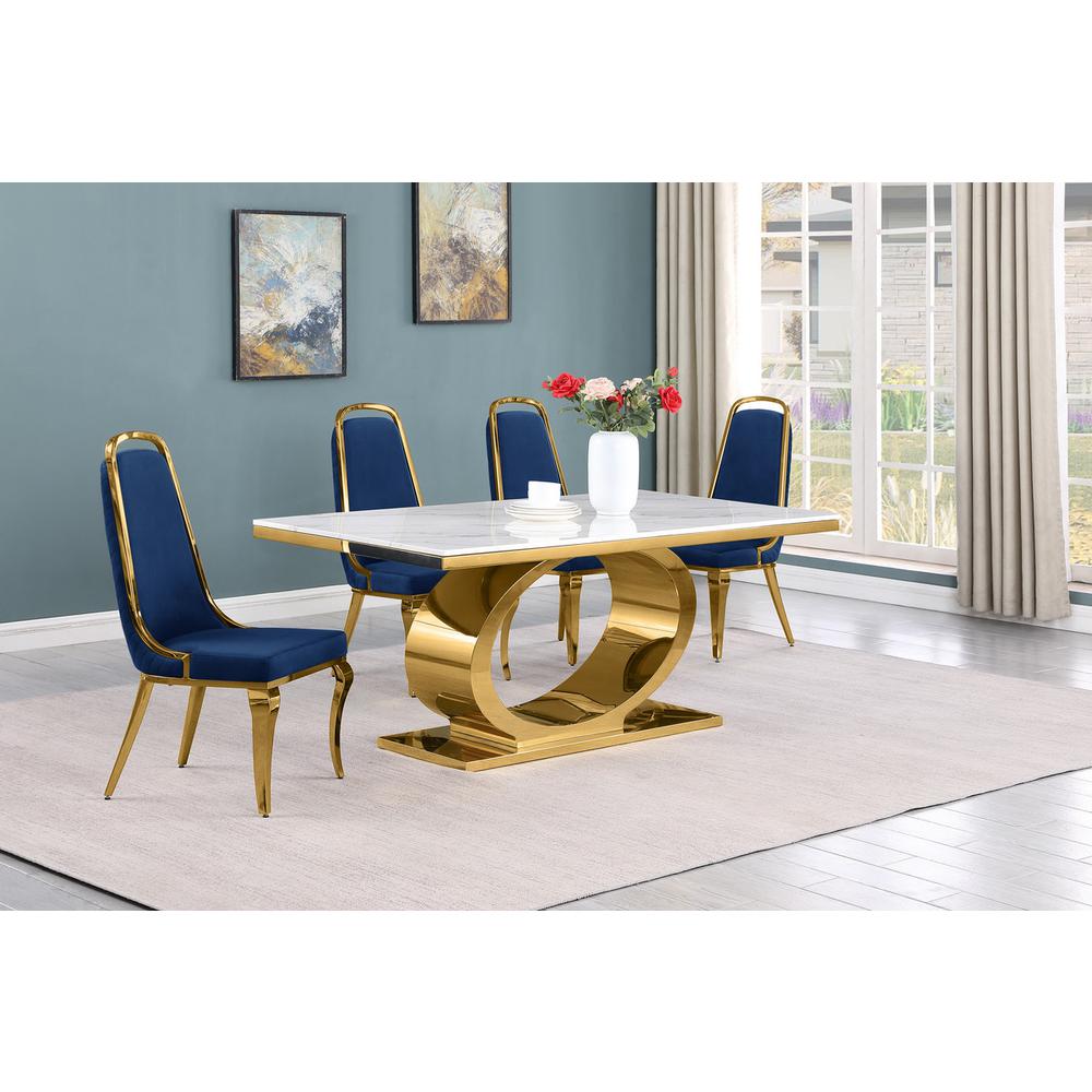 5pc Small(68″) marble top dining set with gold base and 4 Navy blue side chairs