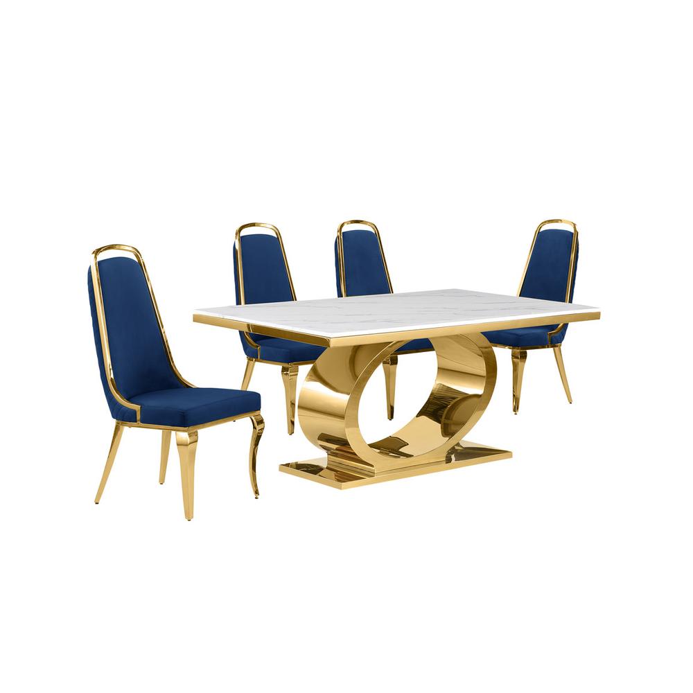 5pc Small(68″) marble top dining set with gold base and 4 Navy blue side chairs