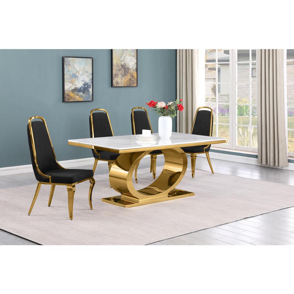 5pc Small(68″) marble top dining set with gold base and 4 Black side chairs