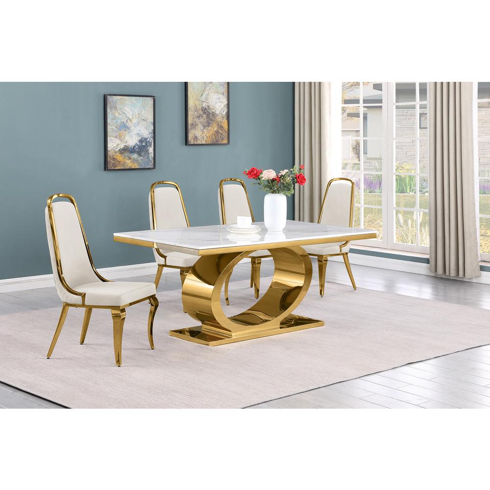 5pc Small(68″) marble top dining set with gold base and 4 Cream side chairs
