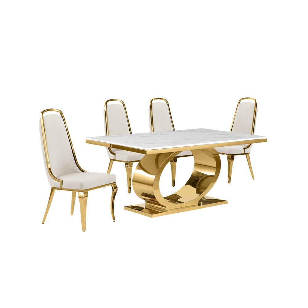 5pc Small(68″) marble top dining set with gold base and 4 Cream side chairs