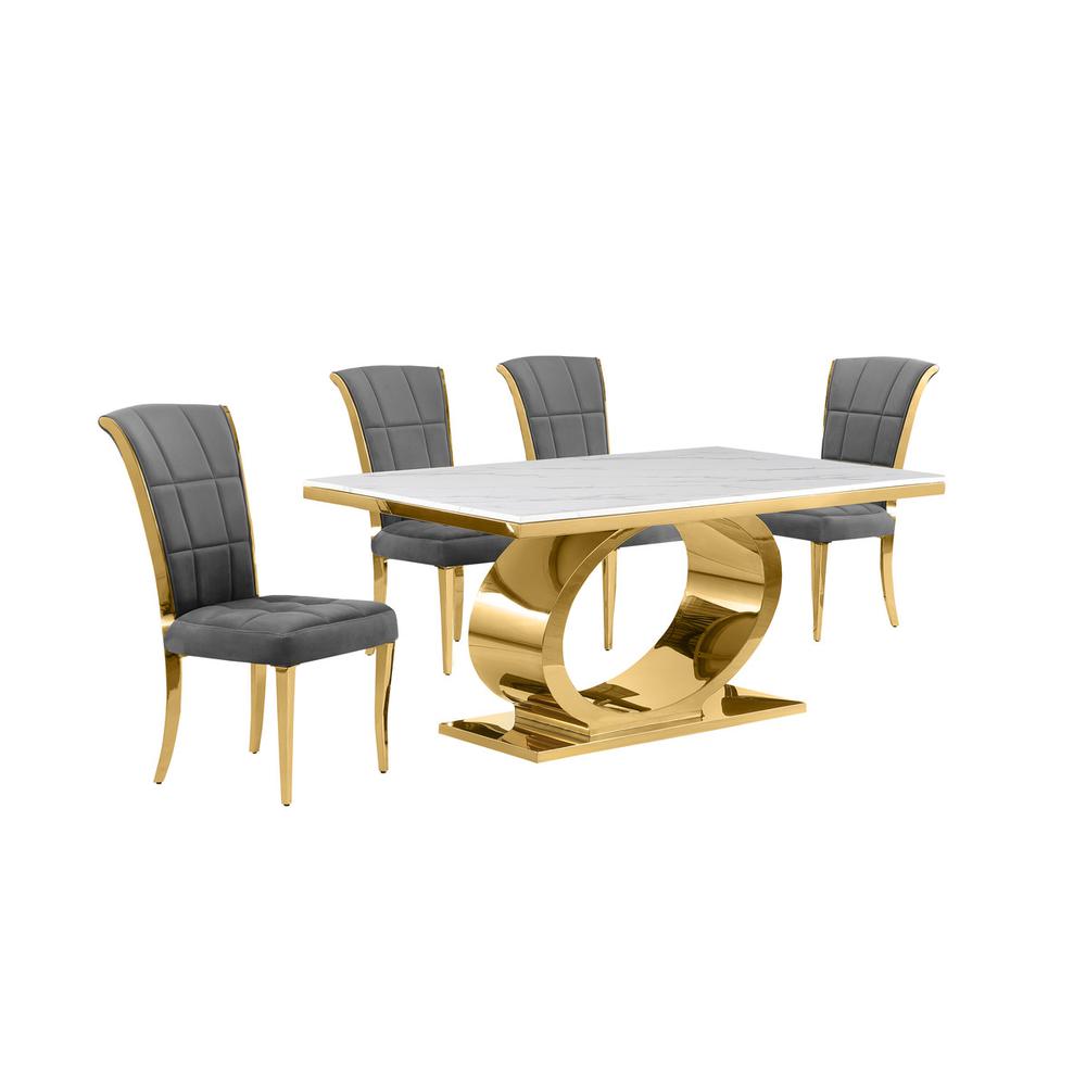 5pc Small(68″) marble top dining set with gold base and 4 Dark grey side chairs