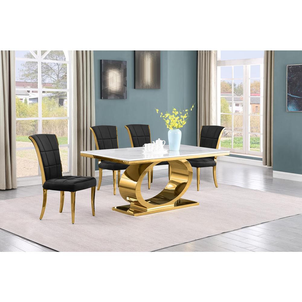 5pc Small(68″) marble top dining set with gold base and 4 Black side chairs