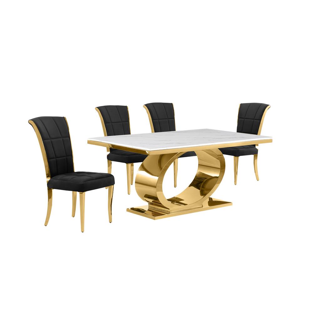 5pc Small(68″) marble top dining set with gold base and 4 Black side chairs