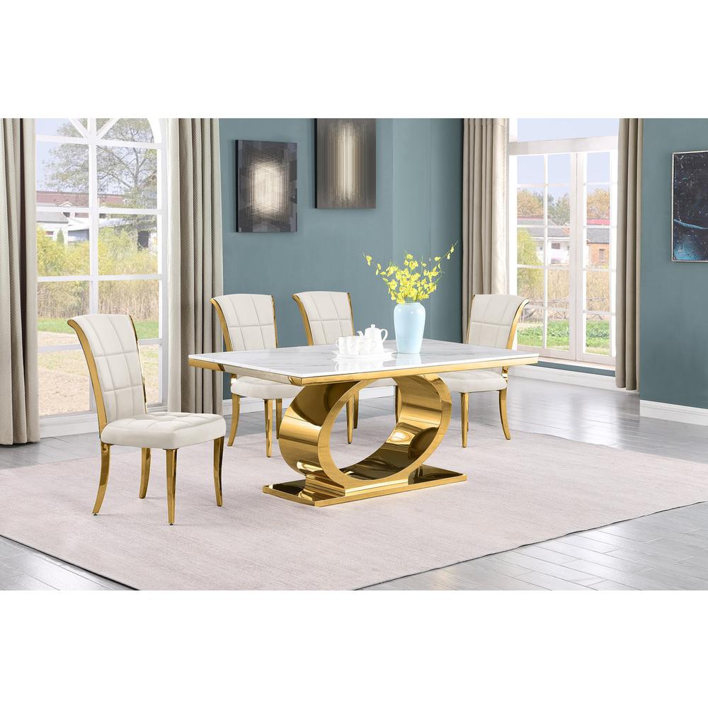 5pc Small(68″) marble top dining set with gold base and 4 Cream side chairs