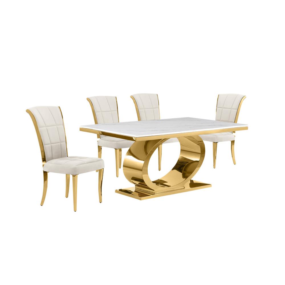 5pc Small(68″) marble top dining set with gold base and 4 Cream side chairs