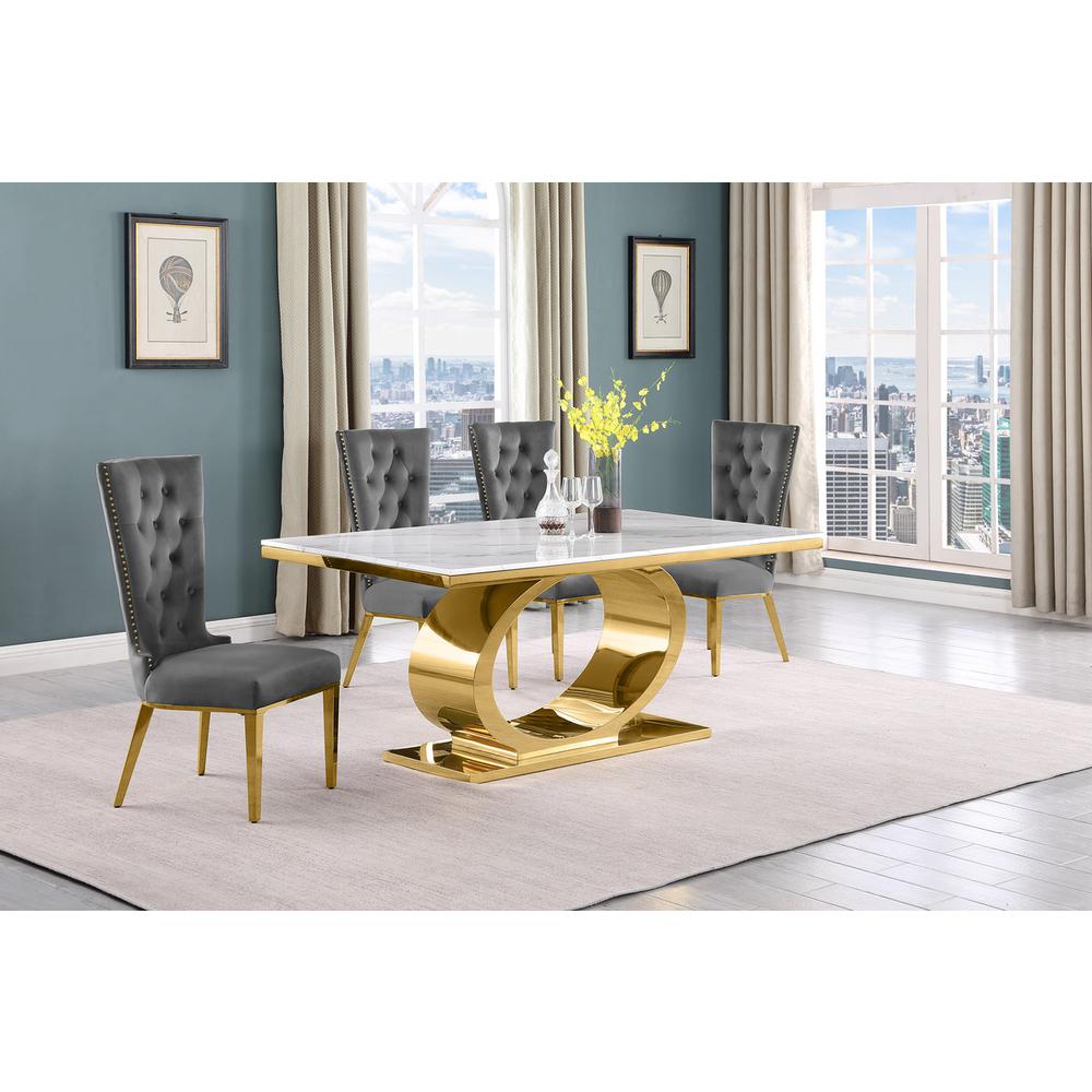 5pc Small(68″) marble top dining set with gold base and 4 Dark grey side chairs