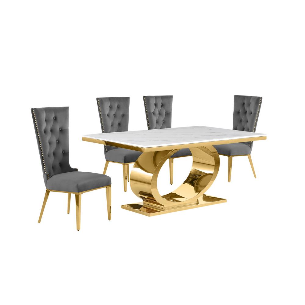 5pc Small(68″) marble top dining set with gold base and 4 Dark grey side chairs