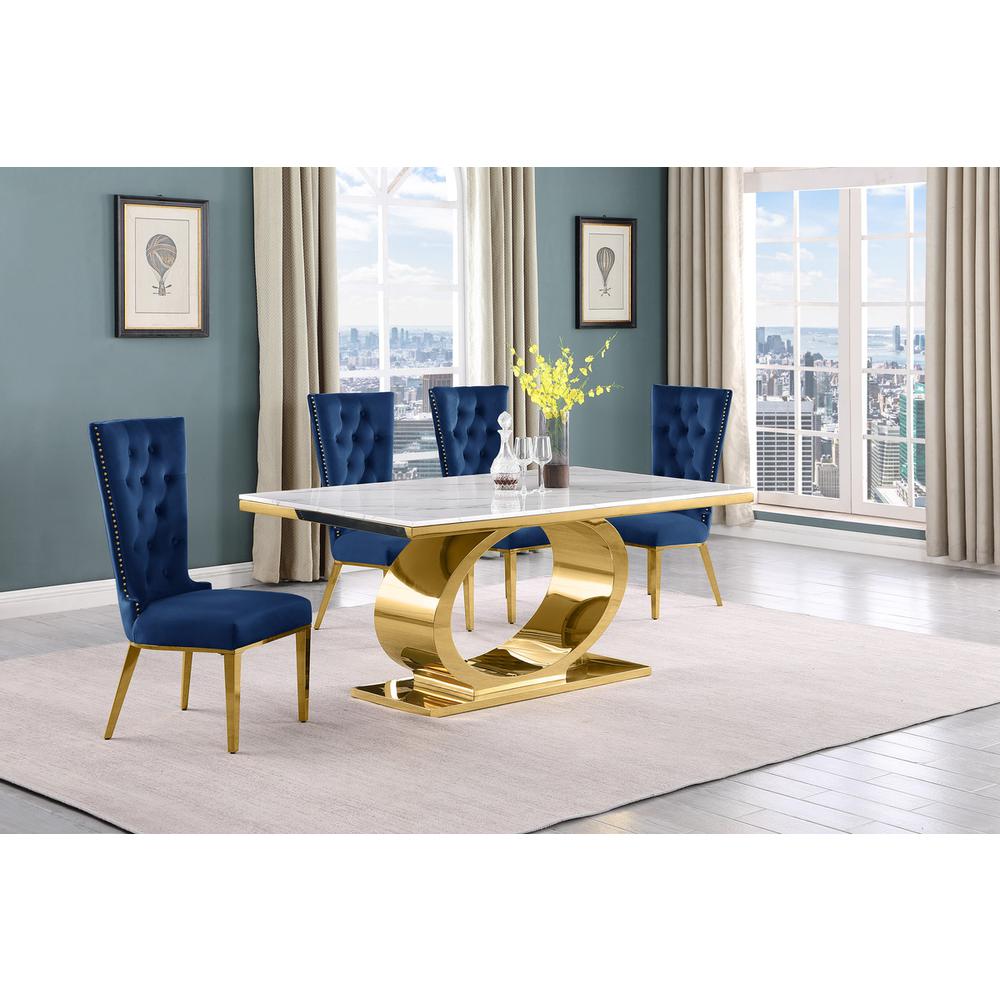 5pc Small(68″) marble top dining set with gold base and 4 Navy blue side chairs