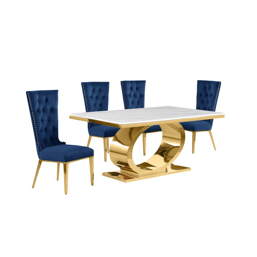 5pc Small(68″) marble top dining set with gold base and 4 Navy blue side chairs