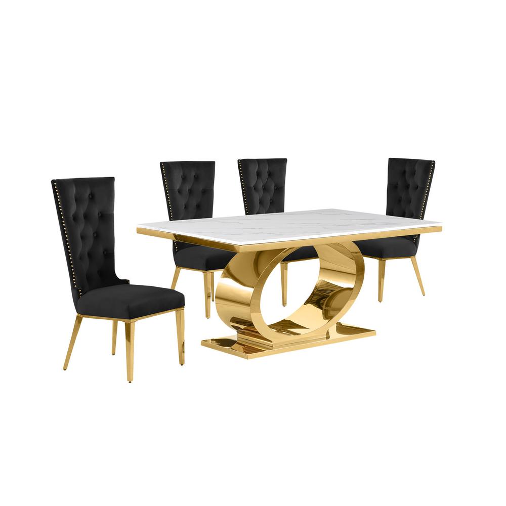 5pc Small(68″) marble top dining set with gold base and 4 Black side chairs