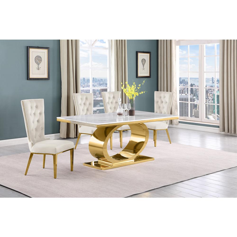 5pc Small(68″) marble top dining set with gold base and 4 Cream side chairs
