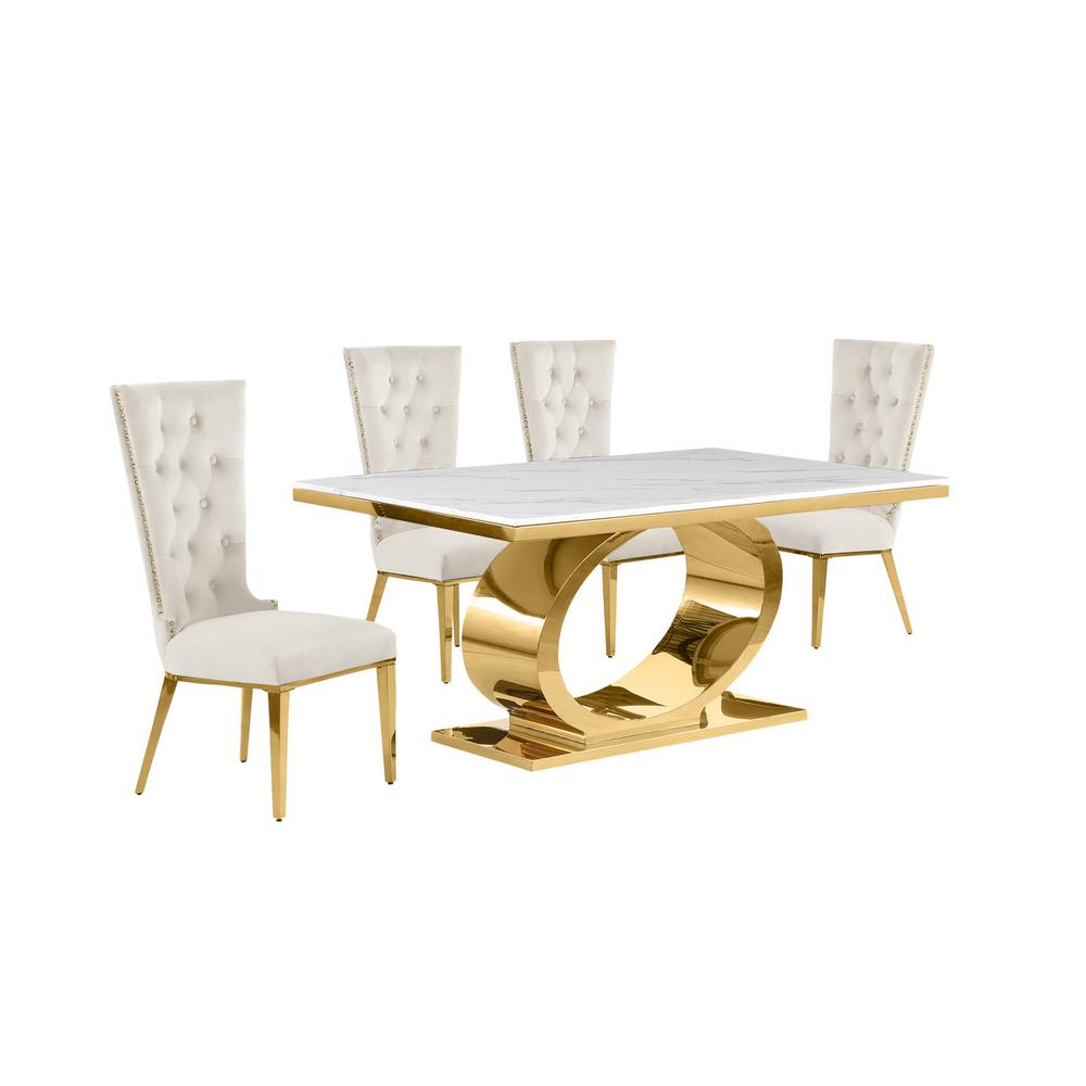 5pc Small(68″) marble top dining set with gold base and 4 Cream side chairs