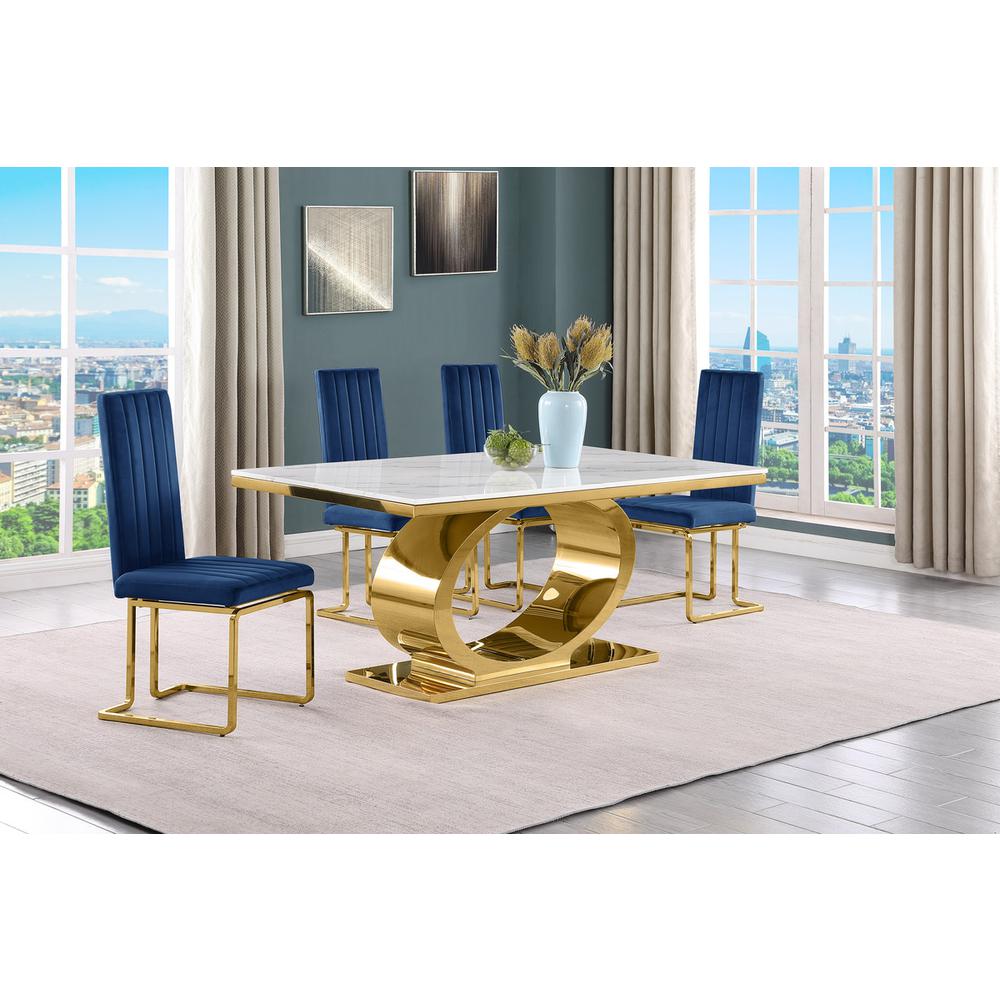 5pc Small(68″) marble top dining set with gold base and 4 Navy blue side chairs