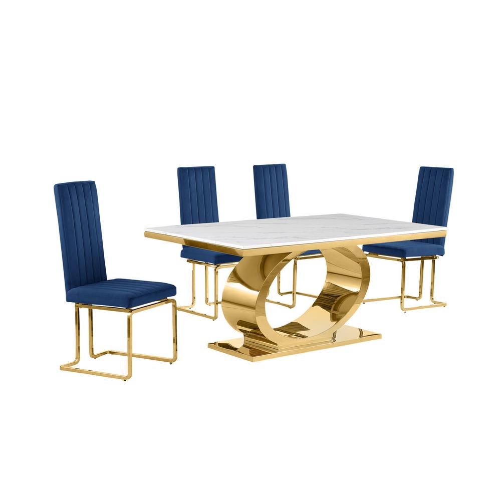 5pc Small(68″) marble top dining set with gold base and 4 Navy blue side chairs