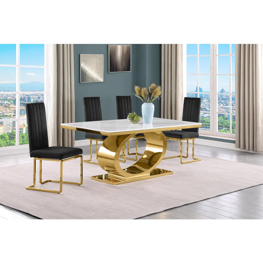5pc Small(68″) marble top dining set with gold base and 4 Black side chairs