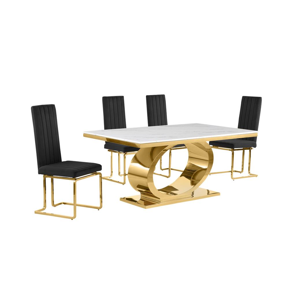 5pc Small(68″) marble top dining set with gold base and 4 Black side chairs