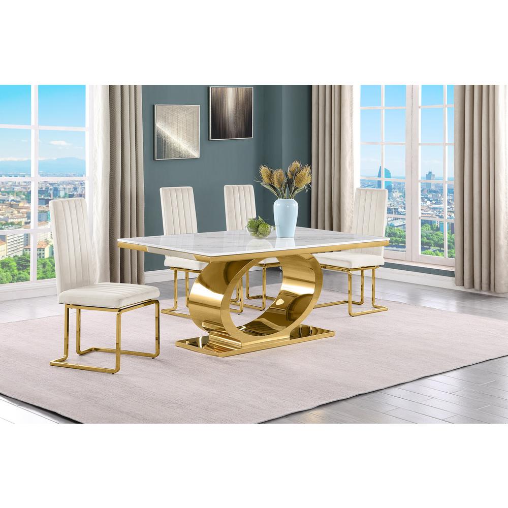 5pc Small(68″) marble top dining set with gold base and 4 Cream side chairs
