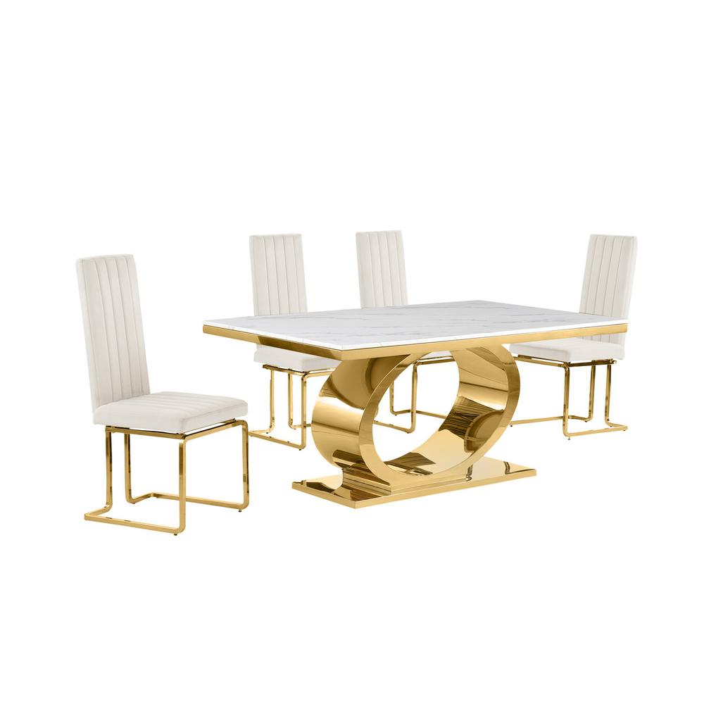 5pc Small(68″) marble top dining set with gold base and 4 Cream side chairs