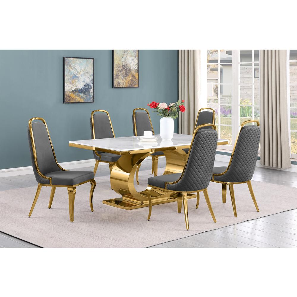 7pc Small(68″) marble top dining set with gold base and 6 Dark grey side chairs