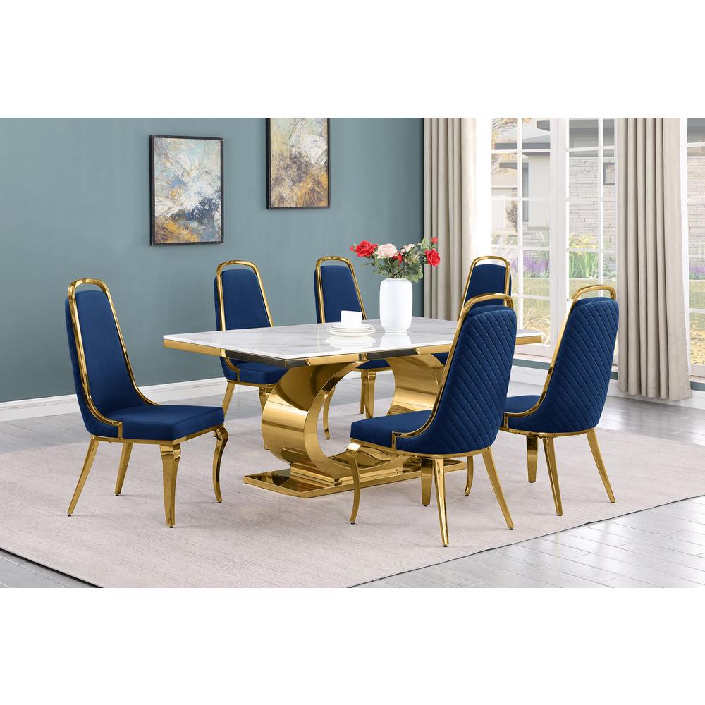 7pc Small(68″) marble top dining set with gold base and 6 Navy blue side chairs
