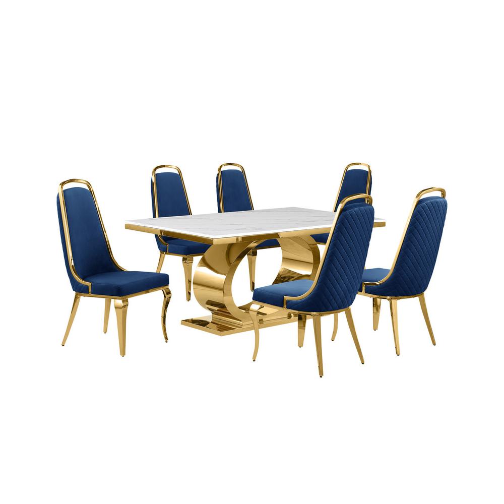 7pc Small(68″) marble top dining set with gold base and 6 Navy blue side chairs
