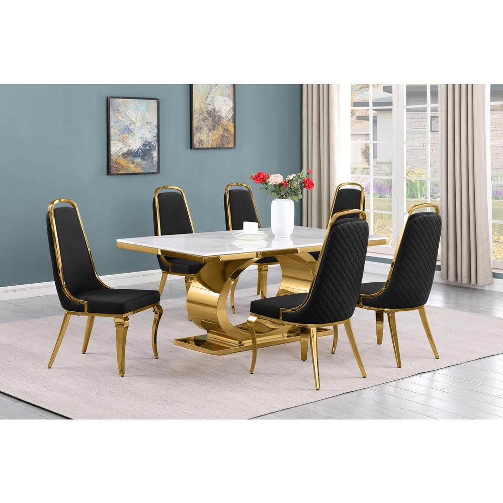 7pc Small(68″) marble top dining set with gold base and 6 Black side chairs