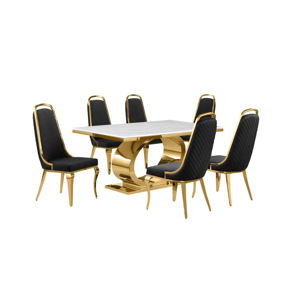 7pc Small(68″) marble top dining set with gold base and 6 Black side chairs