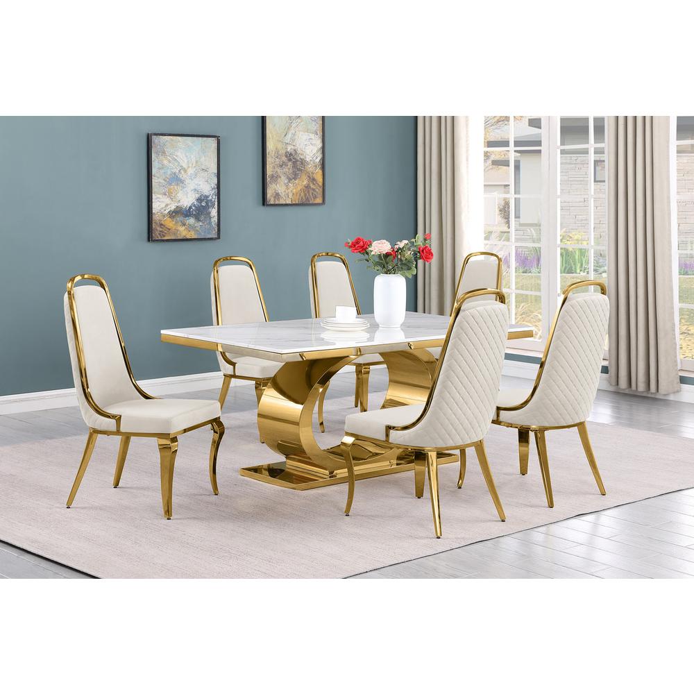 7pc Small(68″) marble top dining set with gold base and 6 Cream side chairs