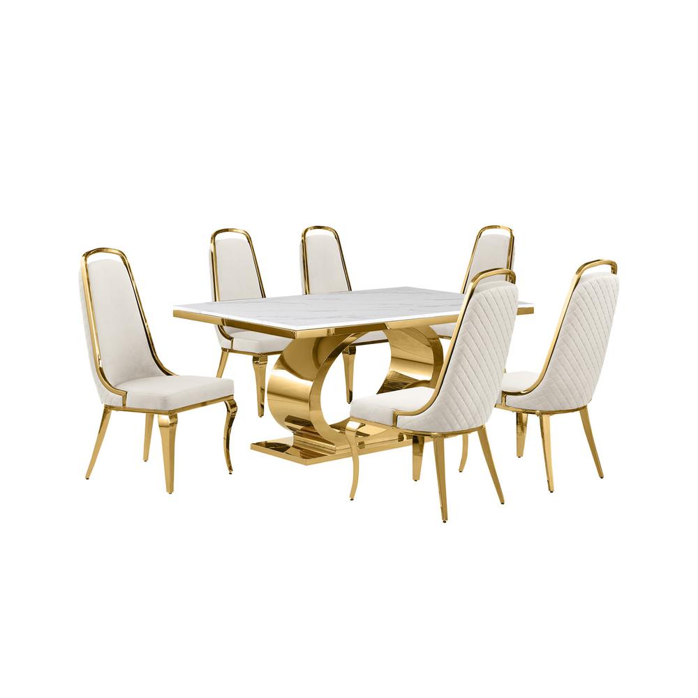 7pc Small(68″) marble top dining set with gold base and 6 Cream side chairs