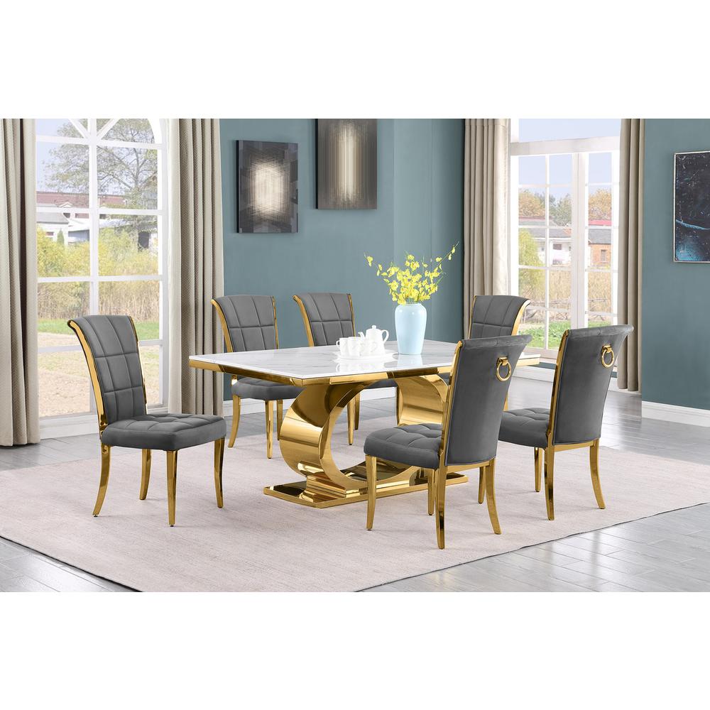 7pc Small(68″) marble top dining set with gold base and 6 Dark grey side chairs