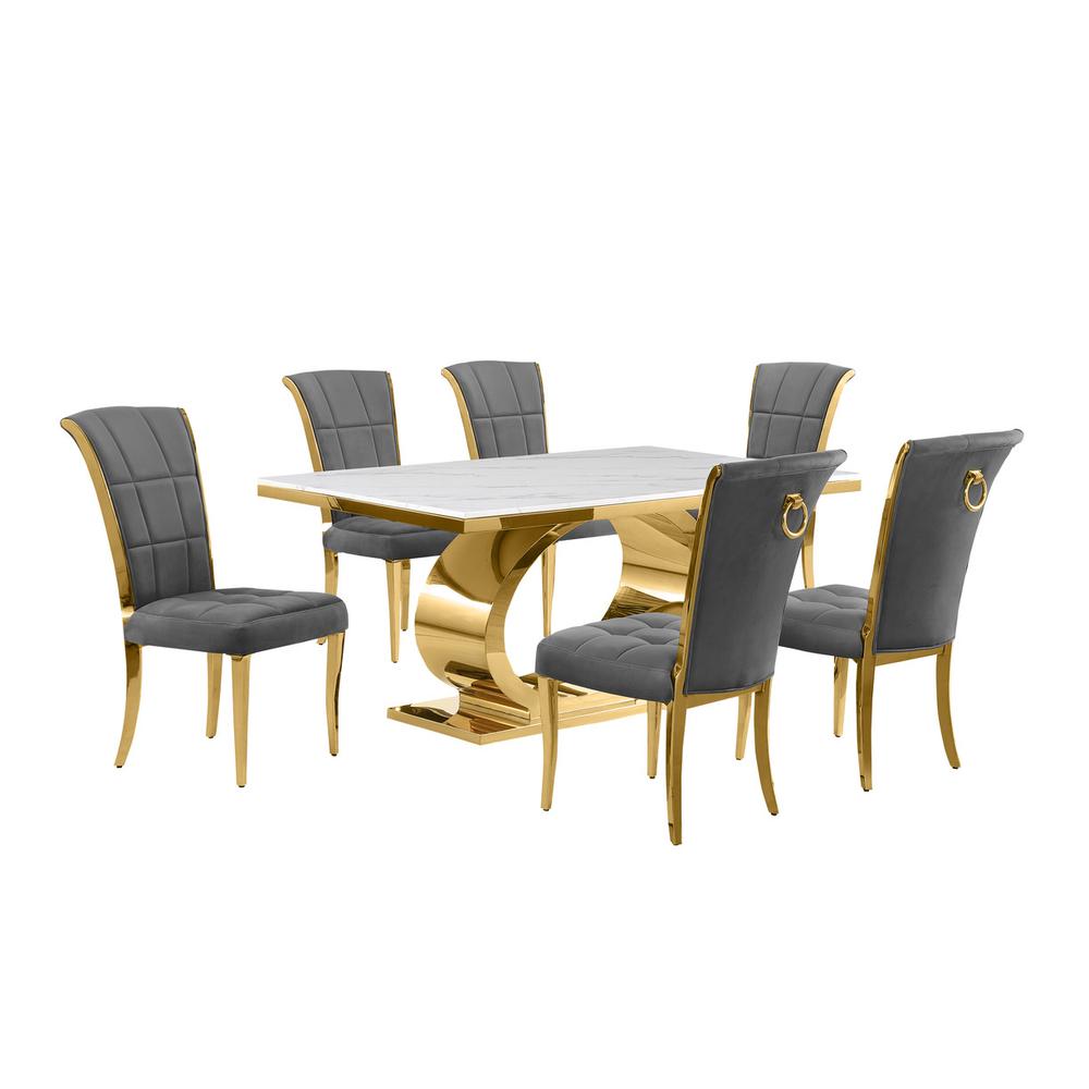 7pc Small(68″) marble top dining set with gold base and 6 Dark grey side chairs