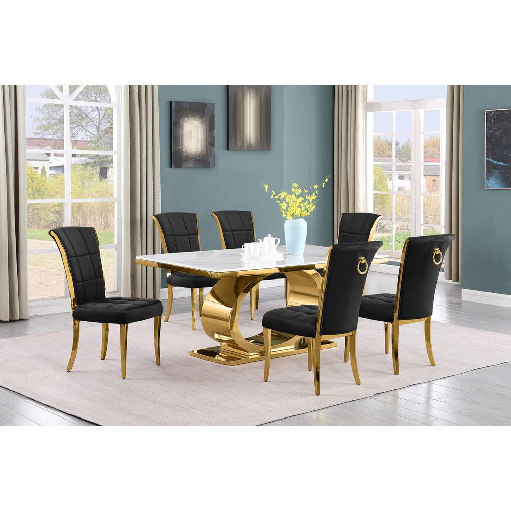 7pc Small(68″) marble top dining set with gold base and 6 Black side chairs