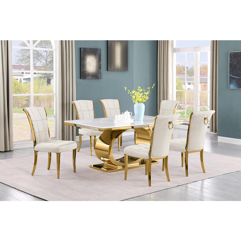 7pc Small(68″) marble top dining set with gold base and 6 Cream side chairs