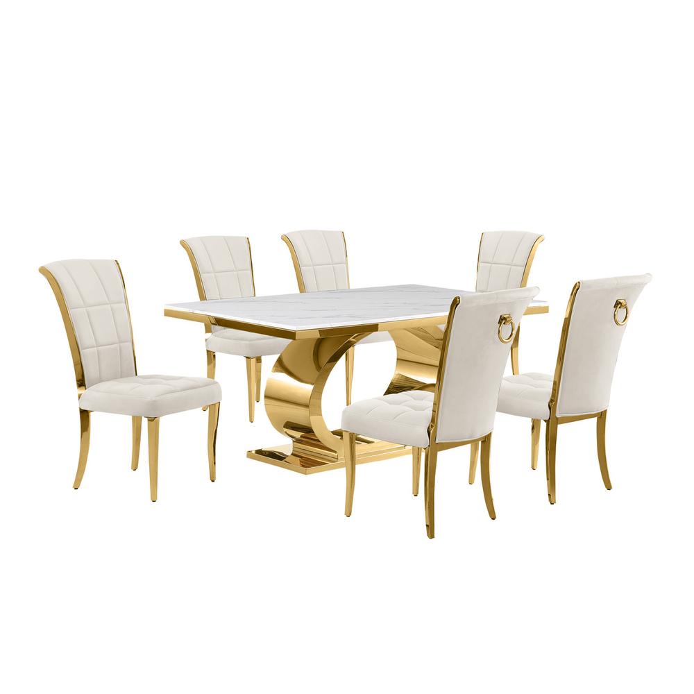7pc Small(68″) marble top dining set with gold base and 6 Cream side chairs